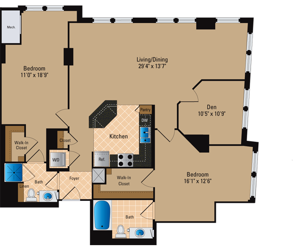 2 Bedroom 2 Bath with Den